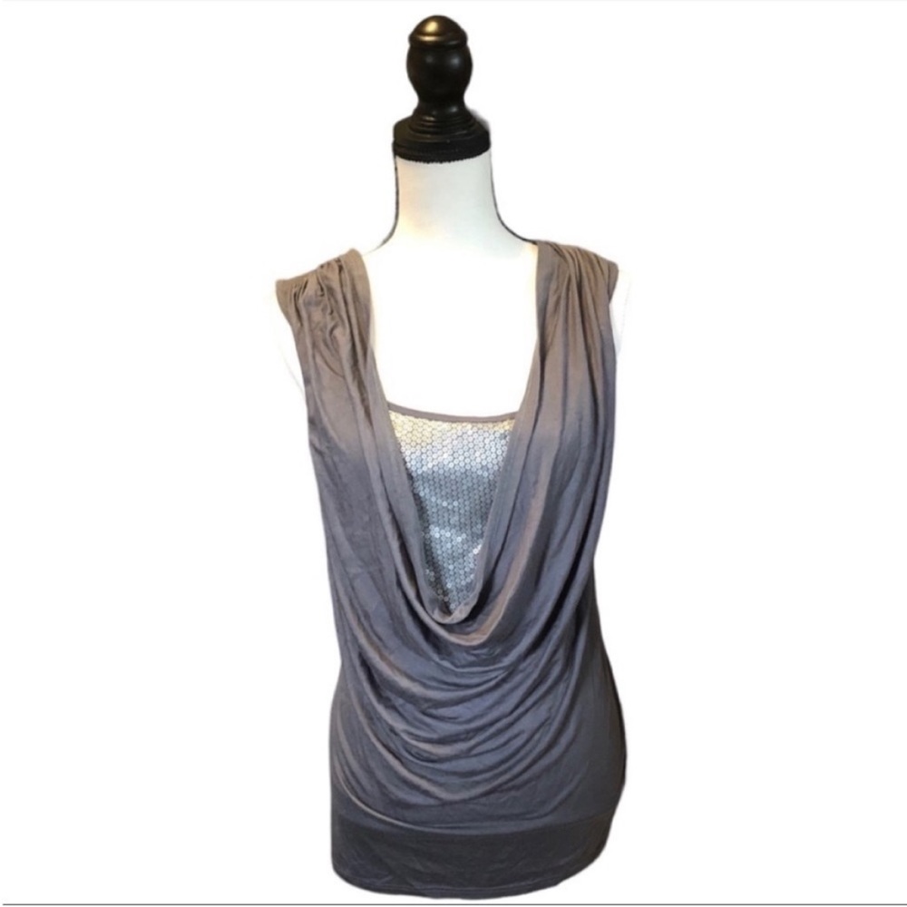 SALE Gray Draped Silver Metallic Sequin Top Sleeveless Evening Office Casual M